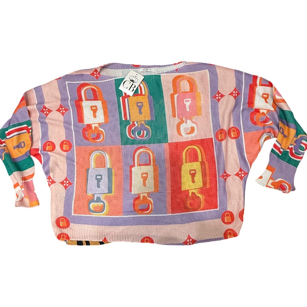 Locked Away Italian St Tropez Padlock Sweater Colorful Graphic Knit Top NWT